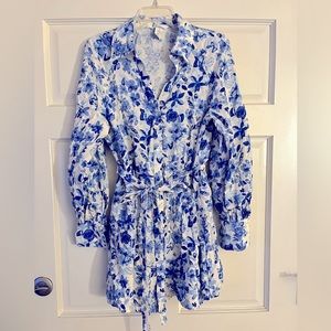 Blue and white floral button down dress